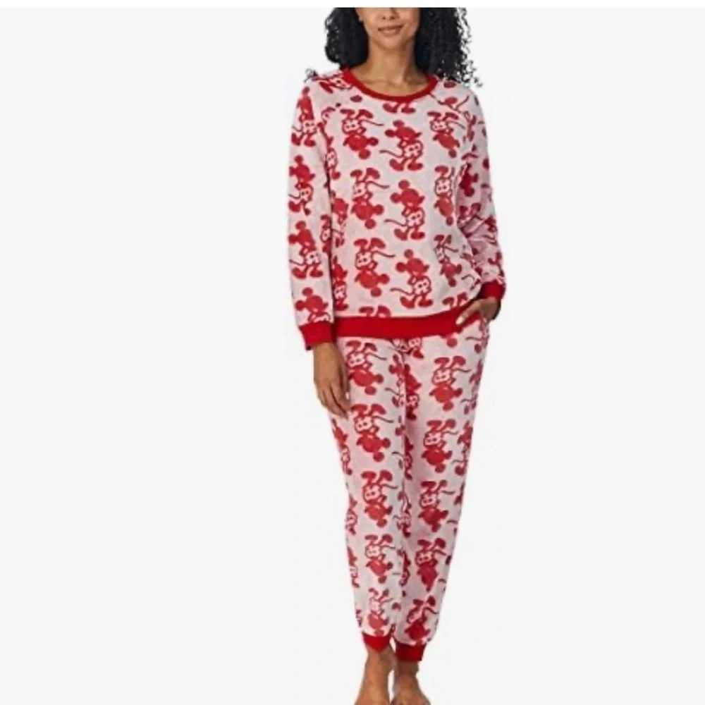 Disney Fleece Mickey Mouse Pajama Set Top Pants Red Cream Medium - Picture 2 of 15